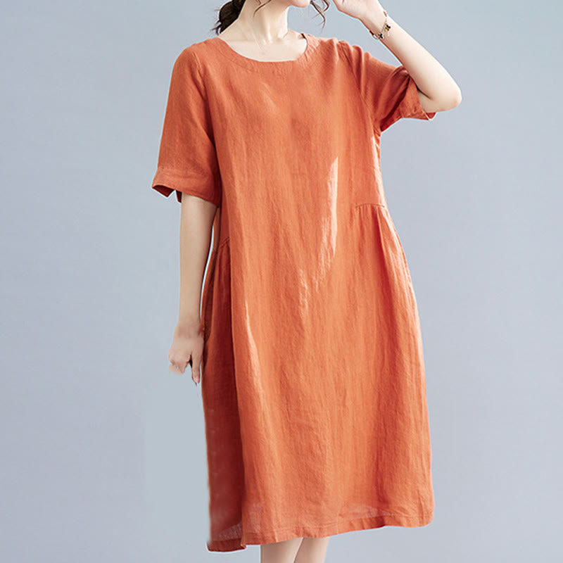 Buddha Stones Casual Loose Solid Color Cotton Linen Crew Neck Half Sleeve Design Midi Dress With Pockets - image 17