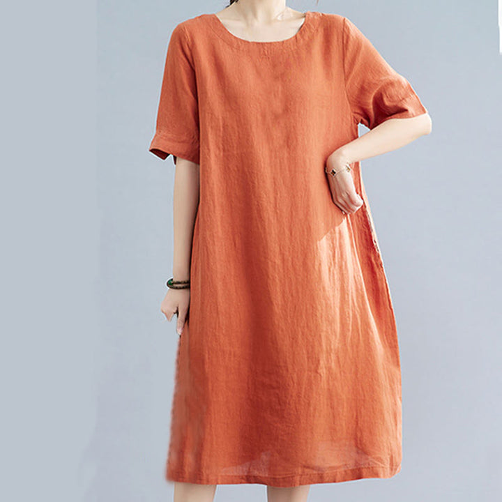 Buddha Stones Casual Loose Solid Color Cotton Linen Crew Neck Half Sleeve Design Midi Dress With Pockets