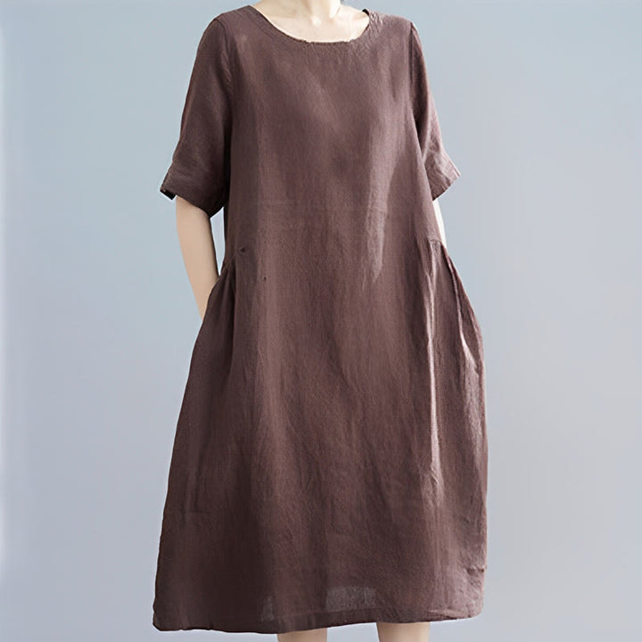 Buddha Stones Casual Loose Solid Color Cotton Linen Crew Neck Half Sleeve Design Midi Dress With Pockets