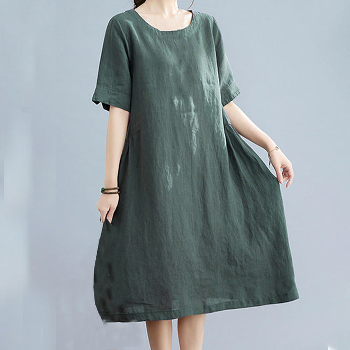 Buddha Stones Casual Loose Solid Color Cotton Linen Crew Neck Half Sleeve Design Midi Dress With Pockets