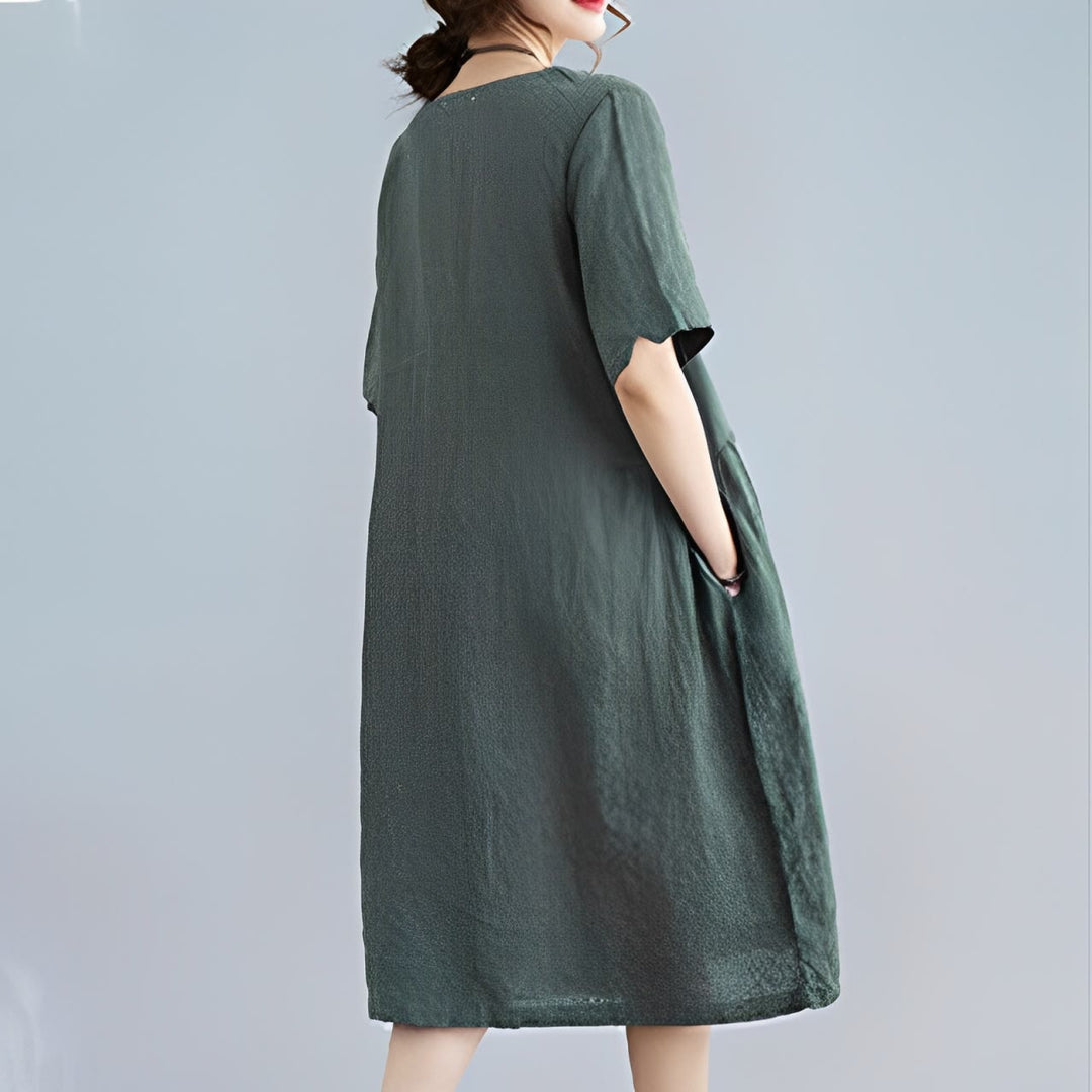 Buddha Stones Casual Loose Solid Color Cotton Linen Crew Neck Half Sleeve Design Midi Dress With Pockets