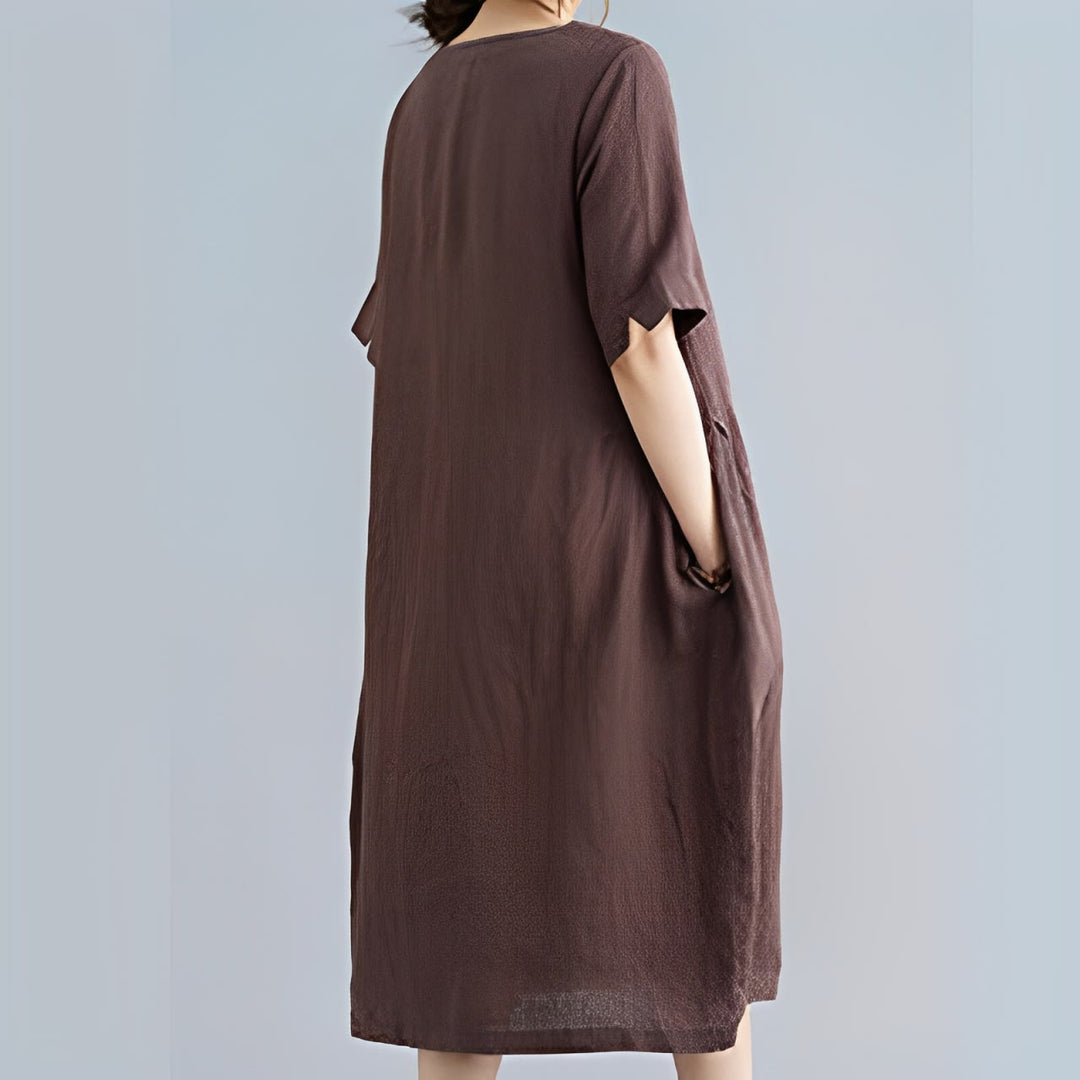 Buddha Stones Casual Loose Solid Color Cotton Linen Crew Neck Half Sleeve Design Midi Dress With Pockets - image 9