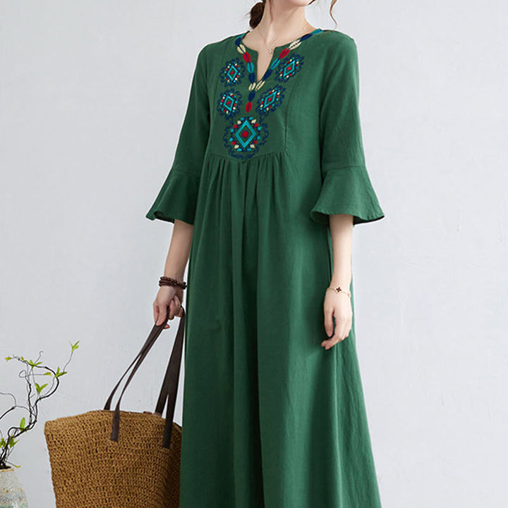Buddha Stones Casual Embroidered Flower Pattern V-neck Three Quarter Sleeve Design Cotton Linen Midi Dress - image 19