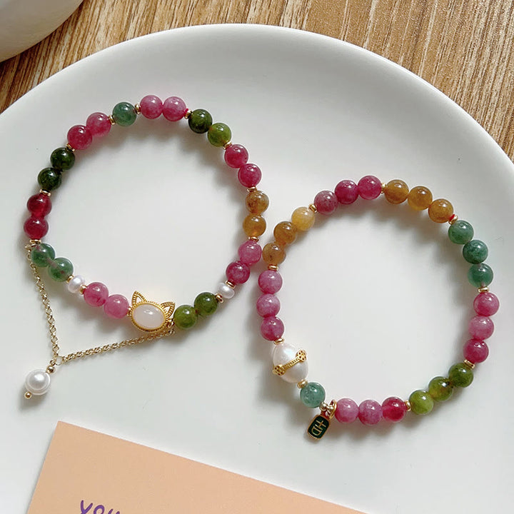 Buddha Stones Colorful Tourmaline Lucky Cat Positive Bracelet