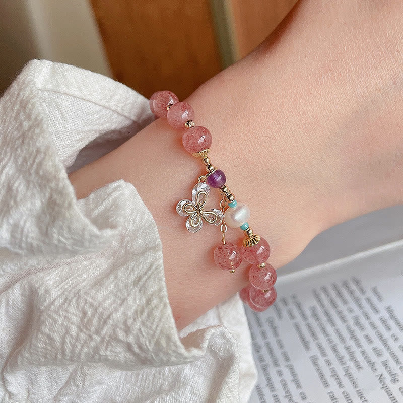 Buddha Stones Natural Strawberry Quartz Green Strawberry Quartz Butterfly Charm Love Bracelet