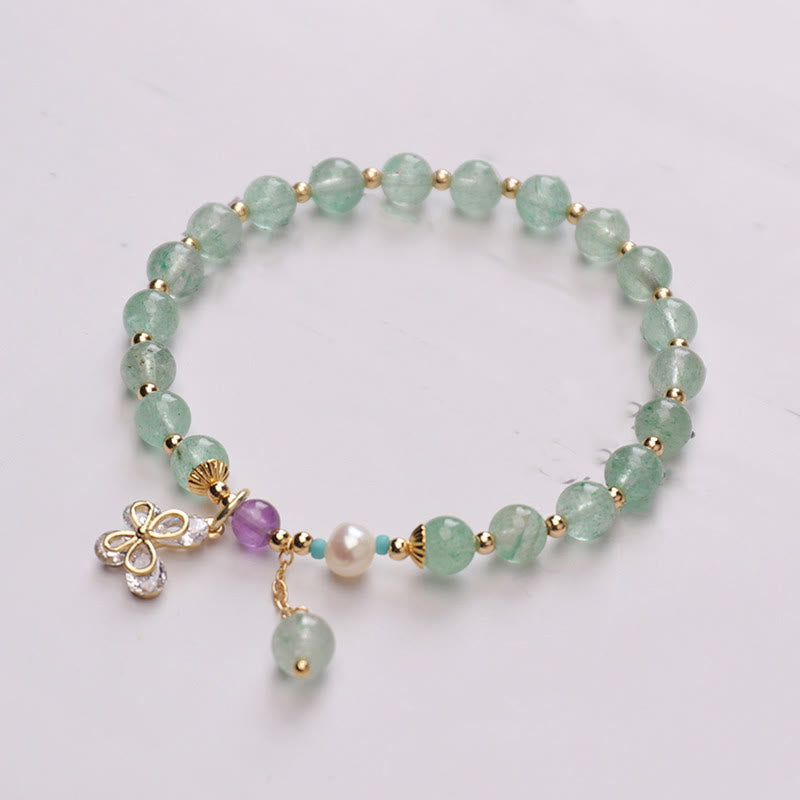 Buddha Stones Natural Strawberry Quartz Green Strawberry Quartz Butterfly Charm Love Bracelet