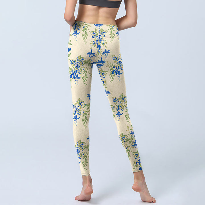 Buddha Stones Casual Dark Blue Flower Leaves Print Gym Fitness Leggings Women's Yoga Pants