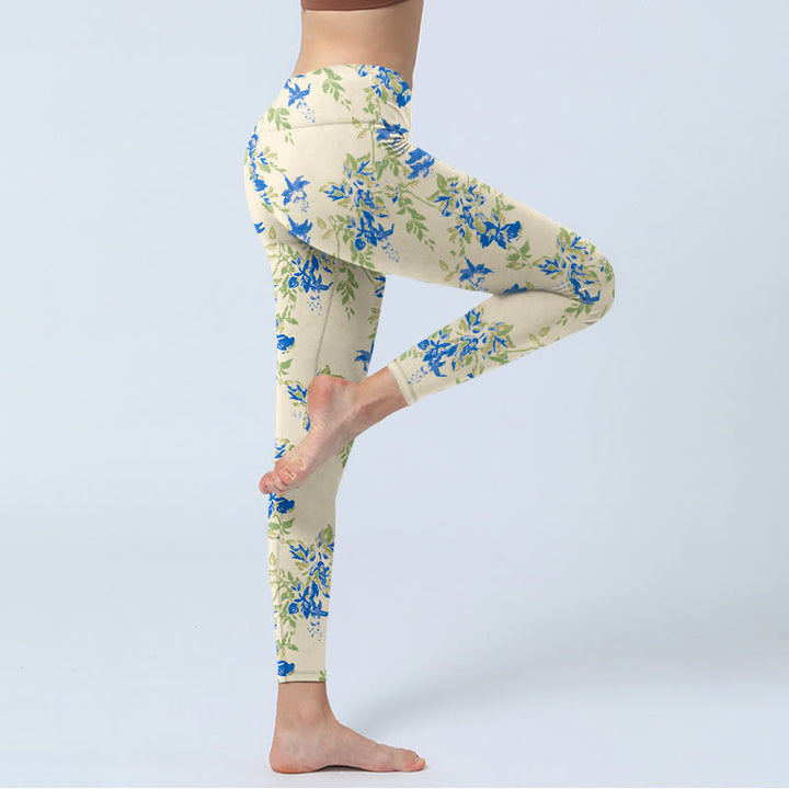Buddha Stones Casual Dark Blue Flower Leaves Print Gym Fitness Leggings Women's Yoga Pants - image 4