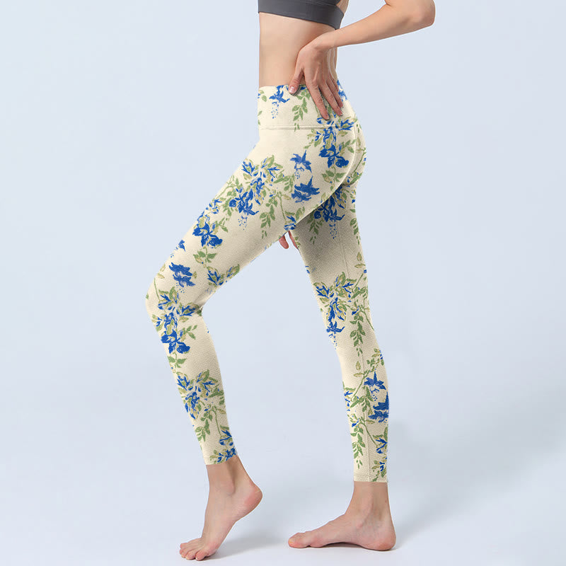 Buddha Stones Casual Dark Blue Flower Leaves Print Gym Fitness Leggings Women's Yoga Pants