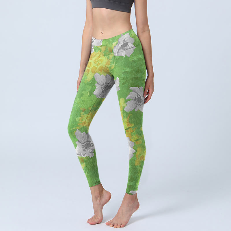 Buddha Stones Yellow-green Gray Flowers Print Sports Fitness Leggings Women's Yoga Pants - YellowGreen - US18，UK/AU22，EU50 (4XL) - image 1