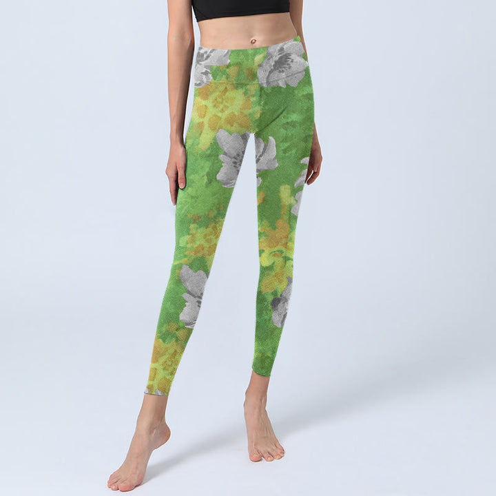 Buddha Stones Yellow-green Gray Flowers Print Sports Fitness Leggings Women's Yoga Pants