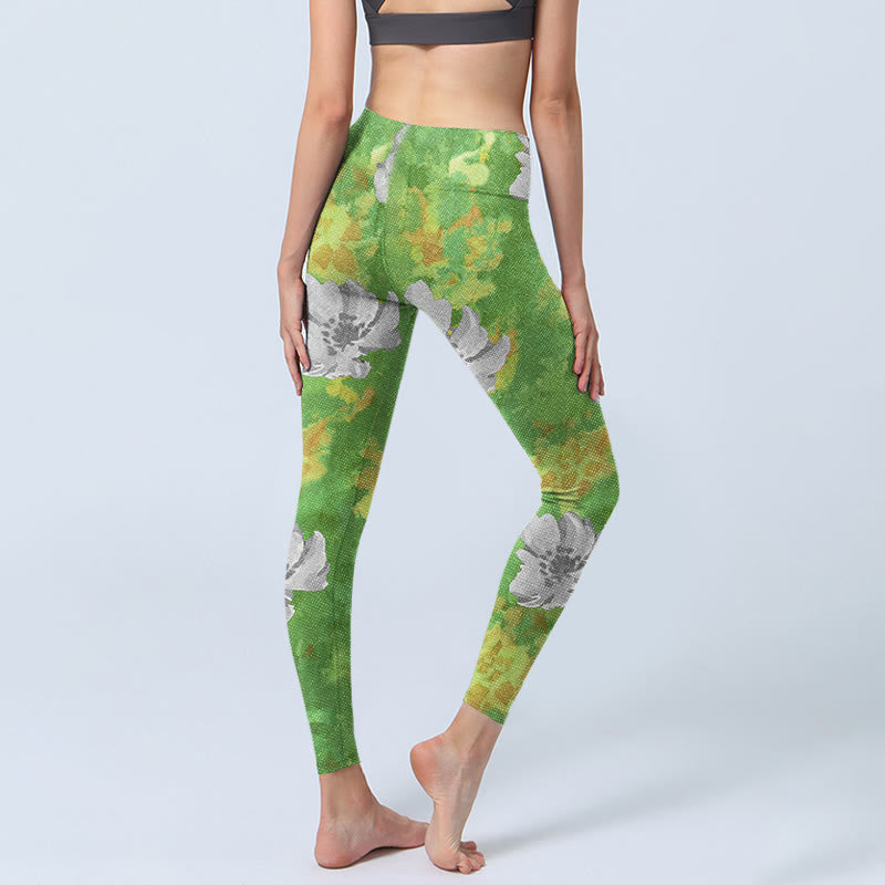 Buddha Stones Yellow-green Gray Flowers Print Sports Fitness Leggings Women's Yoga Pants - image 4