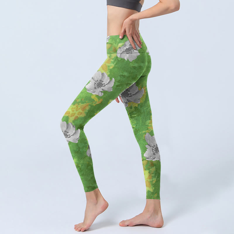 Buddha Stones Yellow-green Gray Flowers Print Sports Fitness Leggings Women's Yoga Pants - image 3