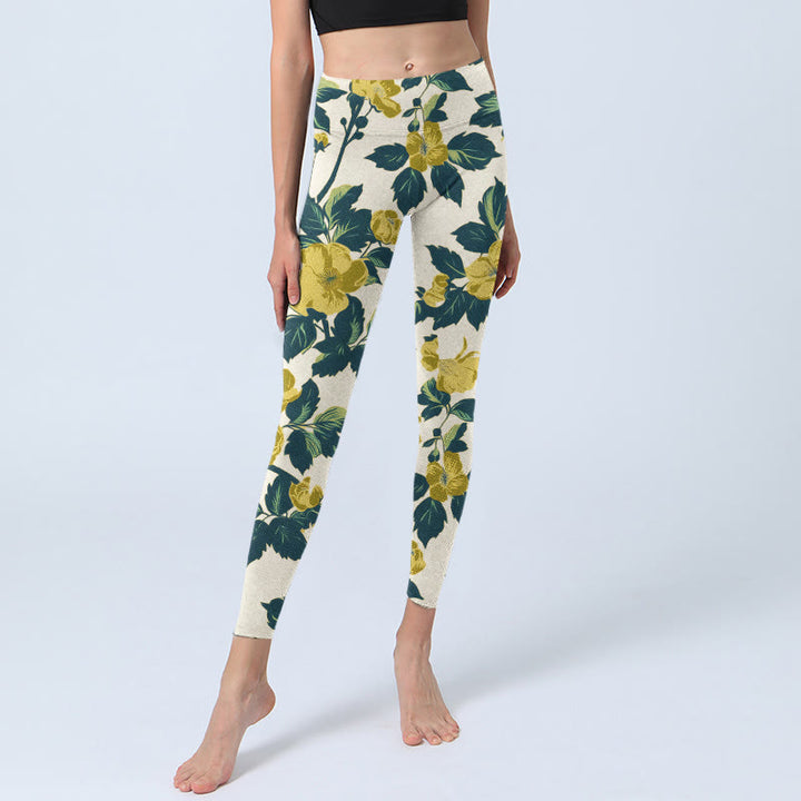 Buddha Stones Yellow Flowers Green Leaves Print Gym Fitness Leggings Women's Yoga Pants - image 5