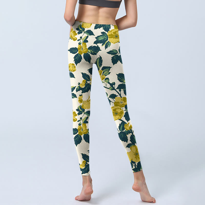 Buddha Stones Yellow Flowers Green Leaves Print Gym Fitness Leggings Women's Yoga Pants