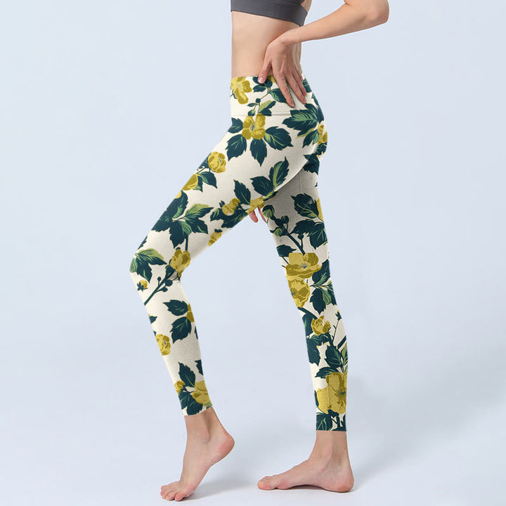 Buddha Stones Yellow Flowers Green Leaves Print Gym Fitness Leggings Women's Yoga Pants