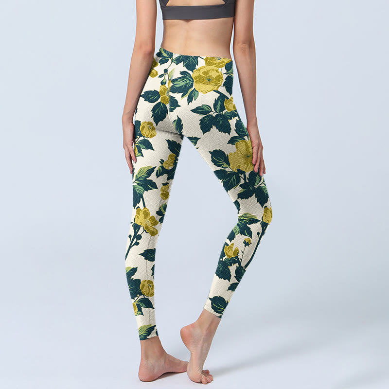 Buddha Stones Yellow Flowers Green Leaves Print Gym Fitness Leggings Women's Yoga Pants