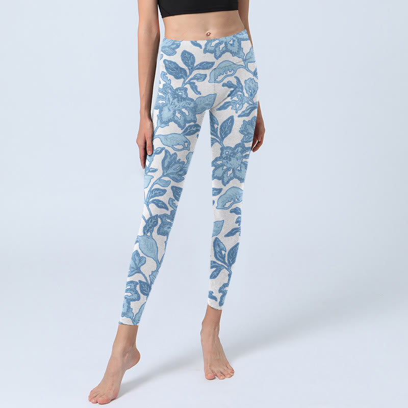 Buddha Stones Pale Blue Flowers Leaves Print Sports Fitness Leggings Women's Yoga Pants - image 6