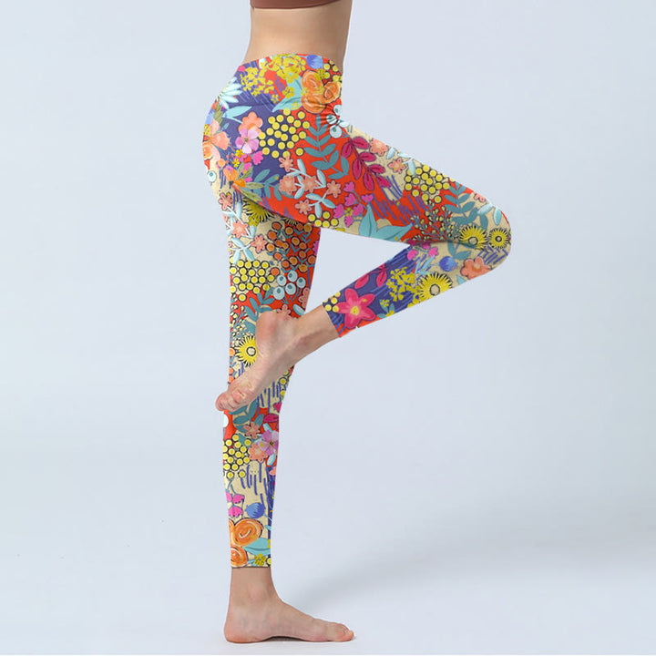 Buddha Stones Colorful Flowers Leaves Print Gym Fitness Leggings Women's Yoga Pants