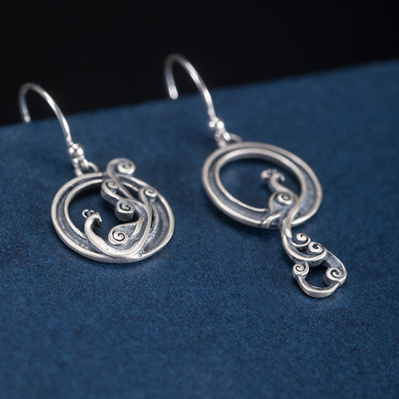 Buddha Stones 925 Sterling Silver Round Asymmetry Peacock Fortune Earrings - image 5