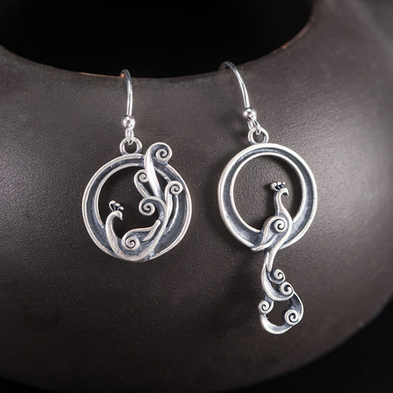 Buddha Stones 925 Sterling Silver Round Asymmetry Peacock Fortune Earrings - 925 Sterling Silver - image 0