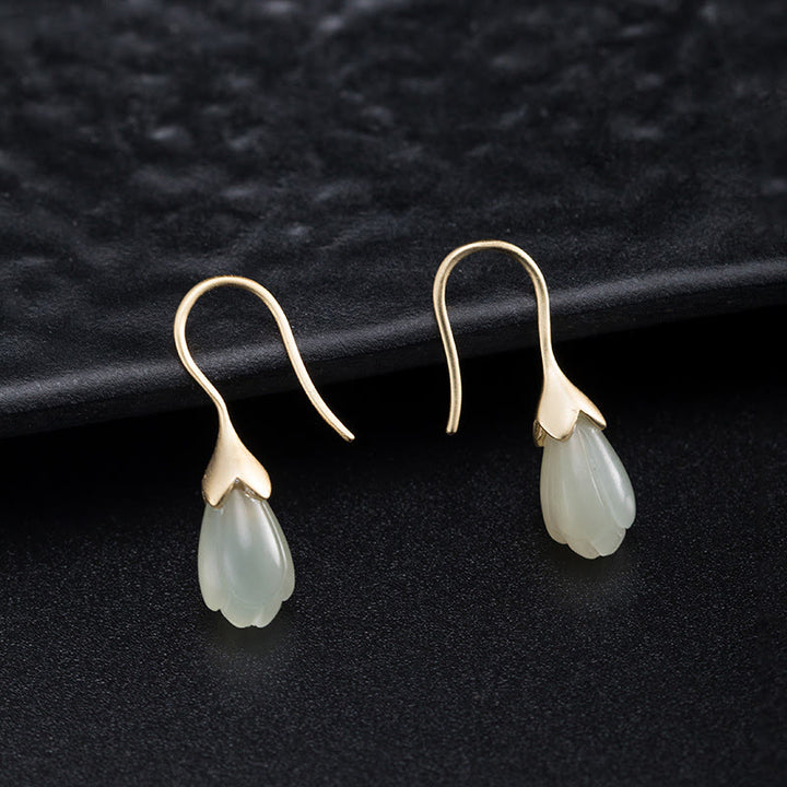 Buddha Stones 925 Sterling Silver Hetian Jade Magnolia Abundance Drop Earrings - image 2