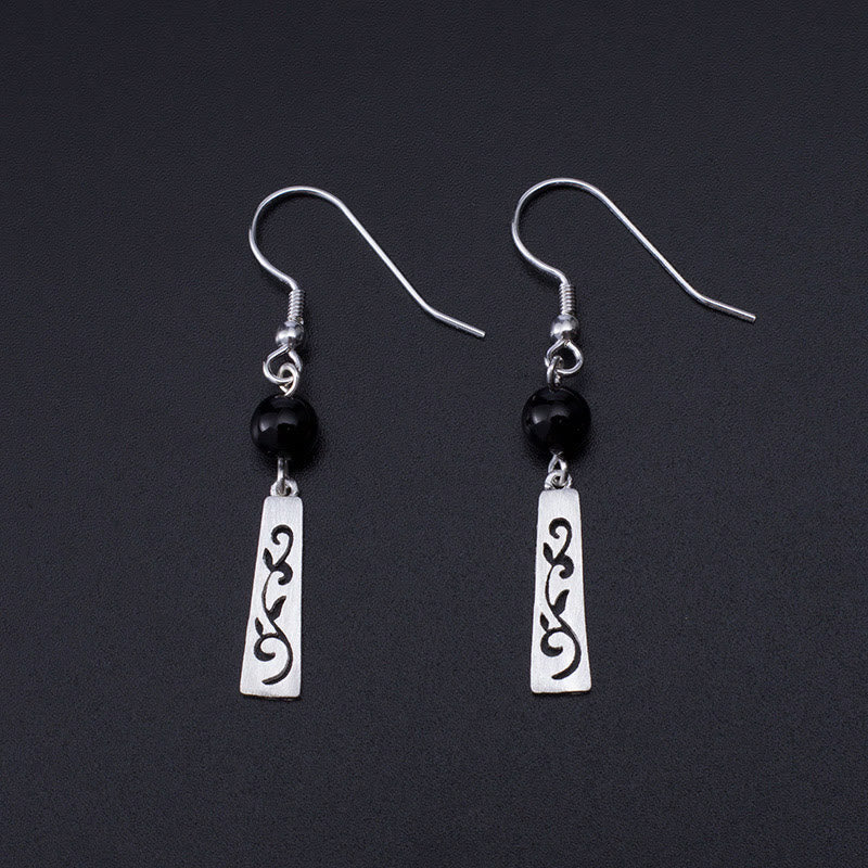 Buddha Stones 925 Sterling Silver Black Onyx Hollow Vine Protection Drop Earrings