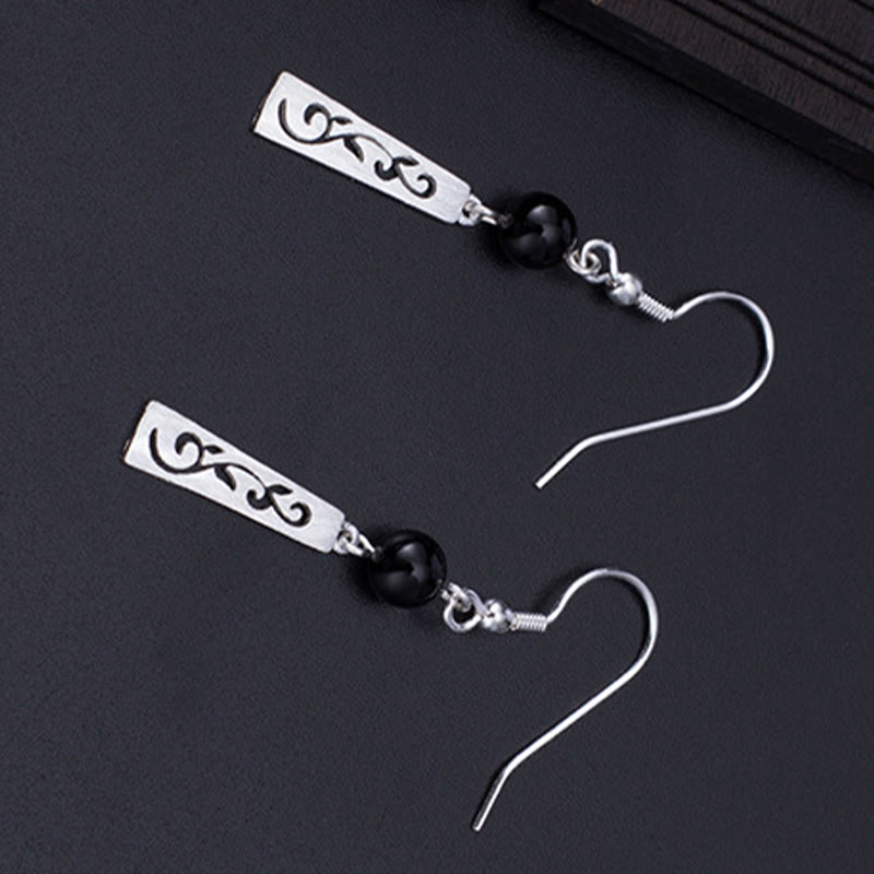 Buddha Stones 925 Sterling Silver Black Onyx Hollow Vine Protection Drop Earrings - image 2