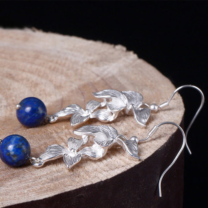 Buddha Stones 925 Sterling Silver Lazurite Lapis Lazuli Ethnic Style Flower Positive Drop Earrings - image 6