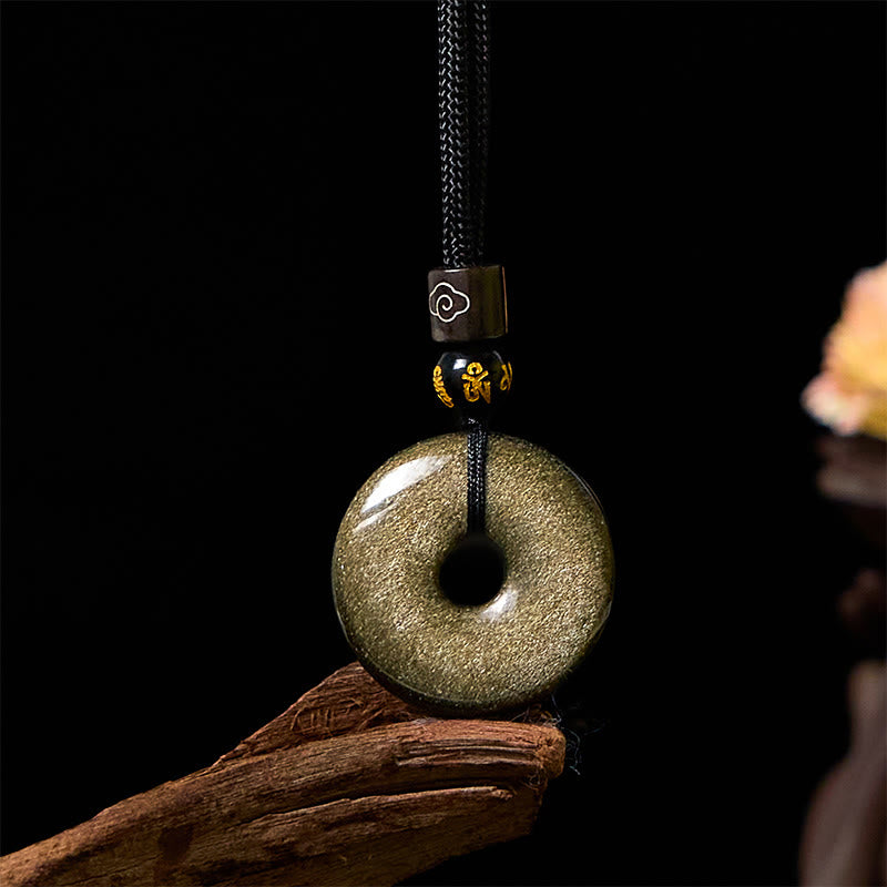 Buddha Stones Natural Gold Sheen Obsidian Peace Buckle Strengthen Necklace Pendant