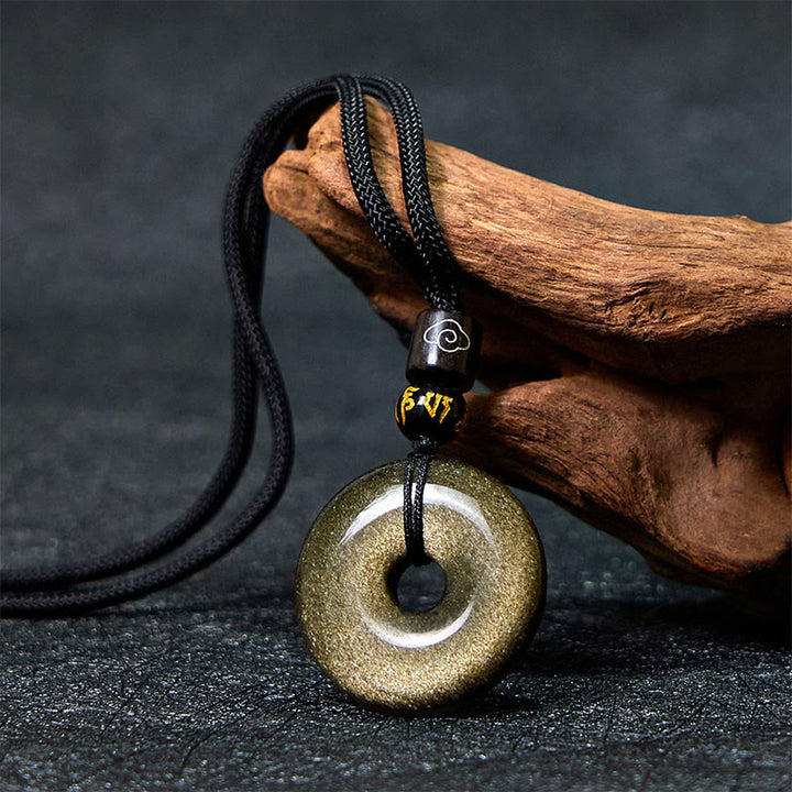 Buddha Stones Natural Gold Sheen Obsidian Peace Buckle Strengthen Necklace Pendant