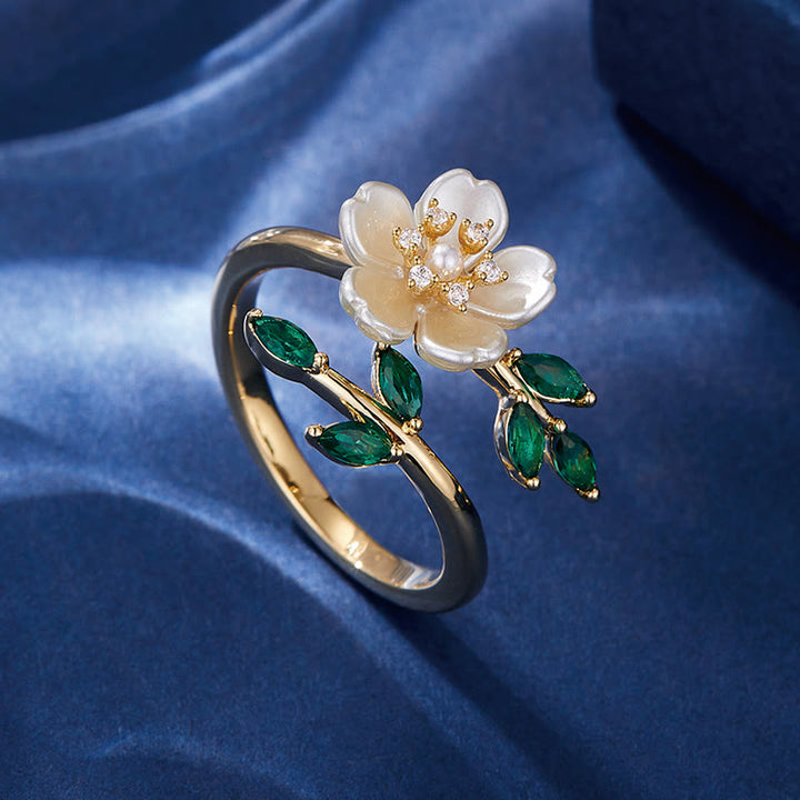 Buddha Stones Pearl Flower Zircon Leaves Happiness Wealth Adjustable Ring - image 2