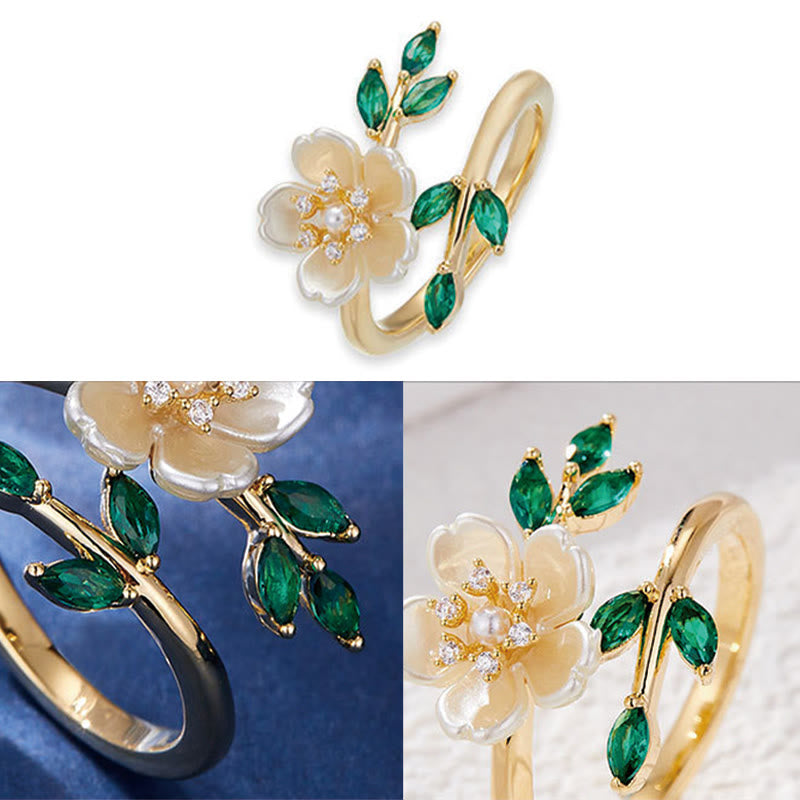 Buddha Stones Pearl Flower Zircon Leaves Happiness Wealth Adjustable Ring - image 6