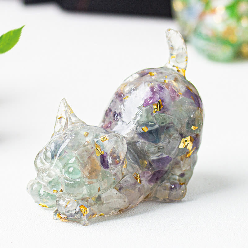 Buddha Stones Stretching Cat Resin Crystal Gravel Meditation Decoration - Fluorite - 4.5*3*4.2cm - image 28