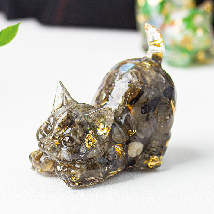 Buddha Stones Stretching Cat Resin Crystal Gravel Meditation Decoration - Black Labradorite - 4.5*3*4.2cm - image 46