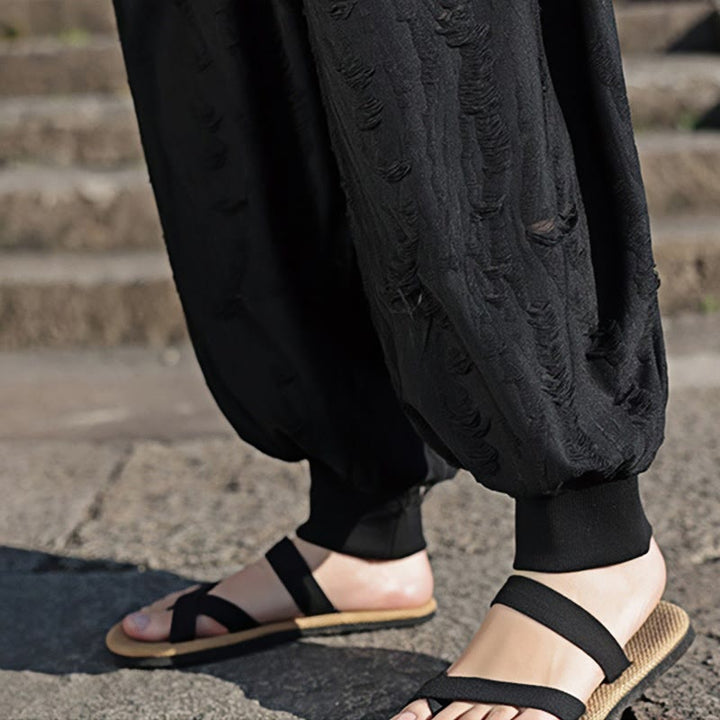 Buddha Stones Solid Color Hole Design Drawstring Cotton Men's Wide Leg Pants With Pockets - image 21