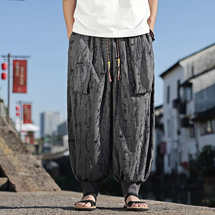 Buddha Stones Solid Color Hole Design Drawstring Cotton Men's Wide Leg Pants With Pockets - image 2