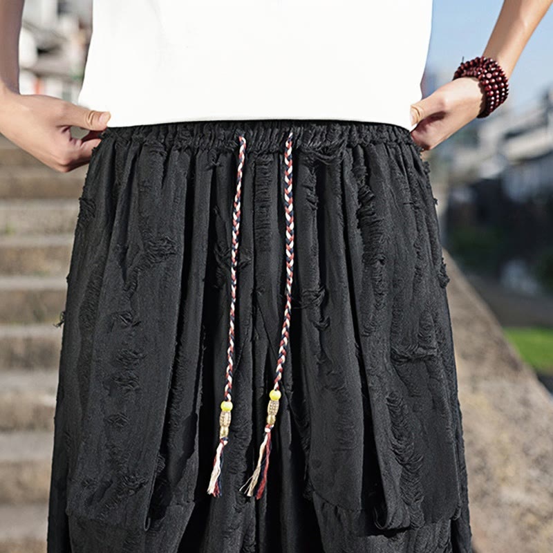 Buddha Stones Solid Color Hole Design Drawstring Cotton Men's Wide Leg Pants With Pockets - image 19