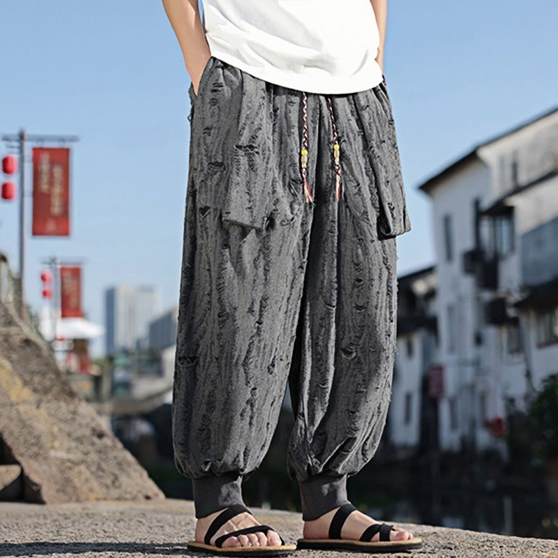 Buddha Stones Solid Color Hole Design Drawstring Cotton Men's Wide Leg Pants With Pockets - image 3
