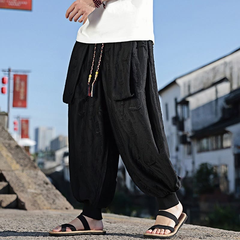 Buddha Stones Solid Color Hole Design Drawstring Cotton Men's Wide Leg Pants With Pockets - image 9