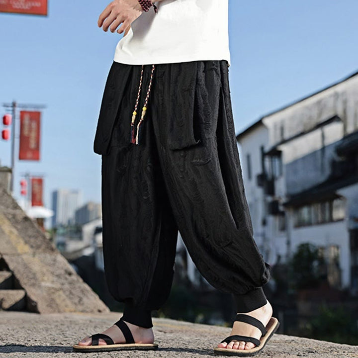 Buddha Stones Solid Color Hole Design Drawstring Cotton Men's Wide Leg Pants With Pockets - image 9