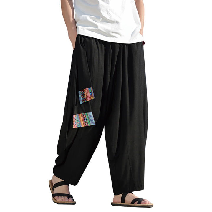 Buddha Stones Simple Patchwork Design Drawstring Cotton Men's Wide Leg Pants With Pockets - image 14
