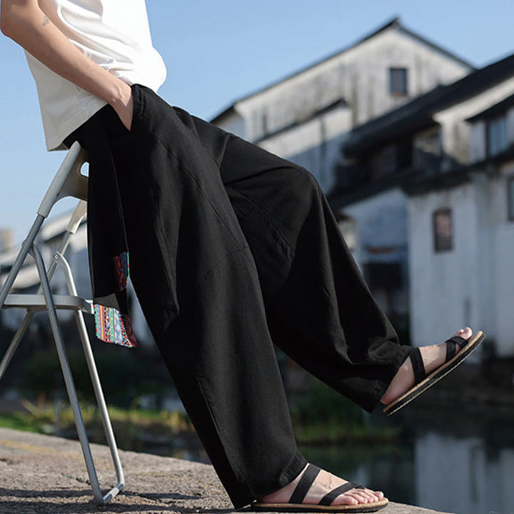 Buddha Stones Simple Patchwork Design Drawstring Cotton Men's Wide Leg Pants With Pockets - image 5