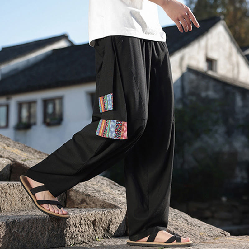 Buddha Stones Simple Patchwork Design Drawstring Cotton Men's Wide Leg Pants With Pockets - image 6