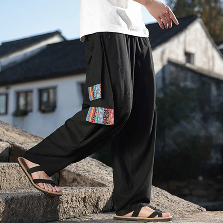 Buddha Stones Simple Patchwork Design Drawstring Cotton Men's Wide Leg Pants With Pockets - image 6