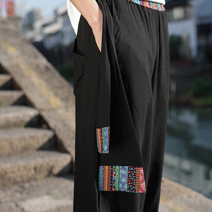 Buddha Stones Simple Patchwork Design Drawstring Cotton Men's Wide Leg Pants With Pockets - image 12