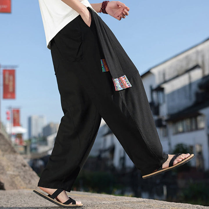 Buddha Stones Simple Patchwork Design Drawstring Cotton Men's Wide Leg Pants With Pockets - image 7