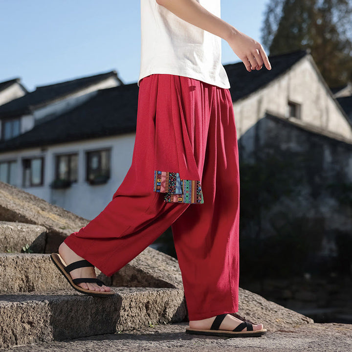 Buddha Stones Simple Patchwork Design Drawstring Cotton Men's Wide Leg Pants With Pockets - image 21