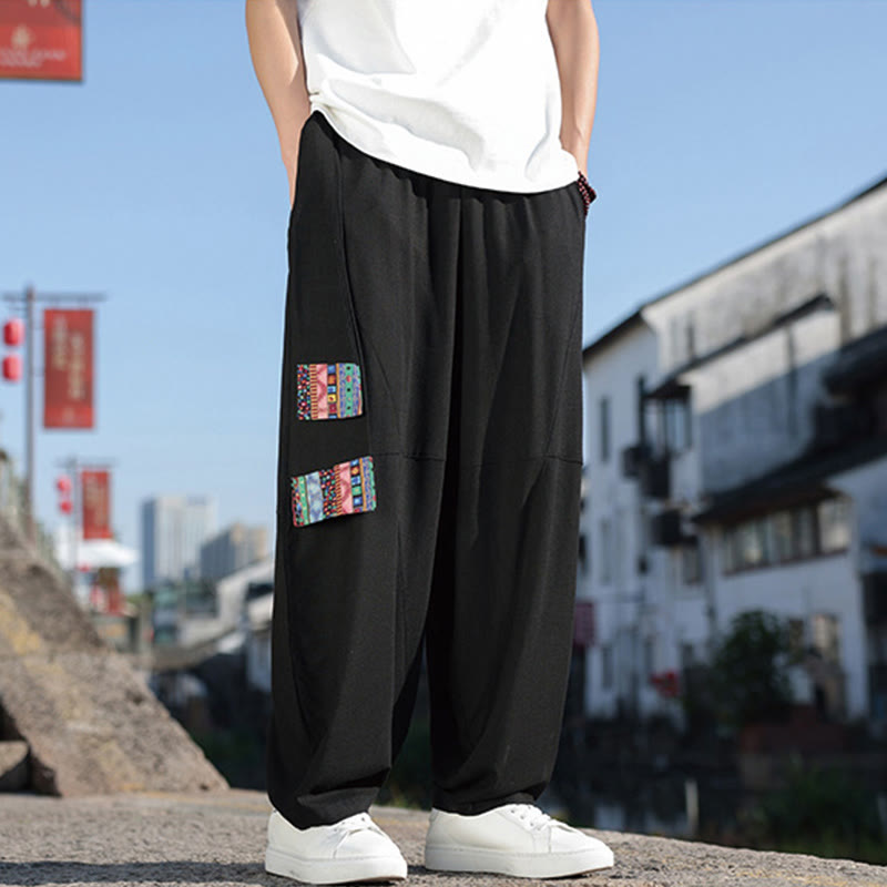 Buddha Stones Simple Patchwork Design Drawstring Cotton Men's Wide Leg Pants With Pockets - image 4