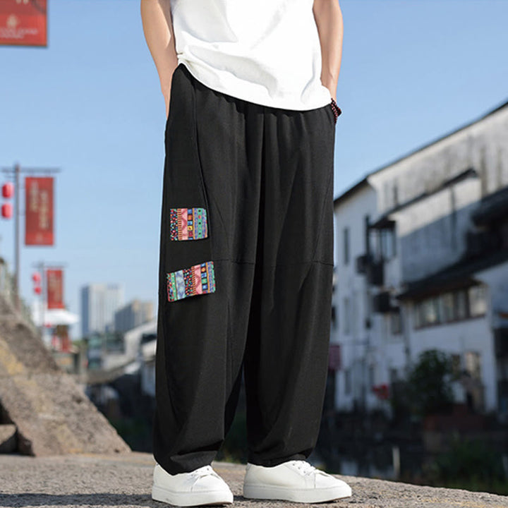 Buddha Stones Simple Patchwork Design Drawstring Cotton Men's Wide Leg Pants With Pockets - image 4